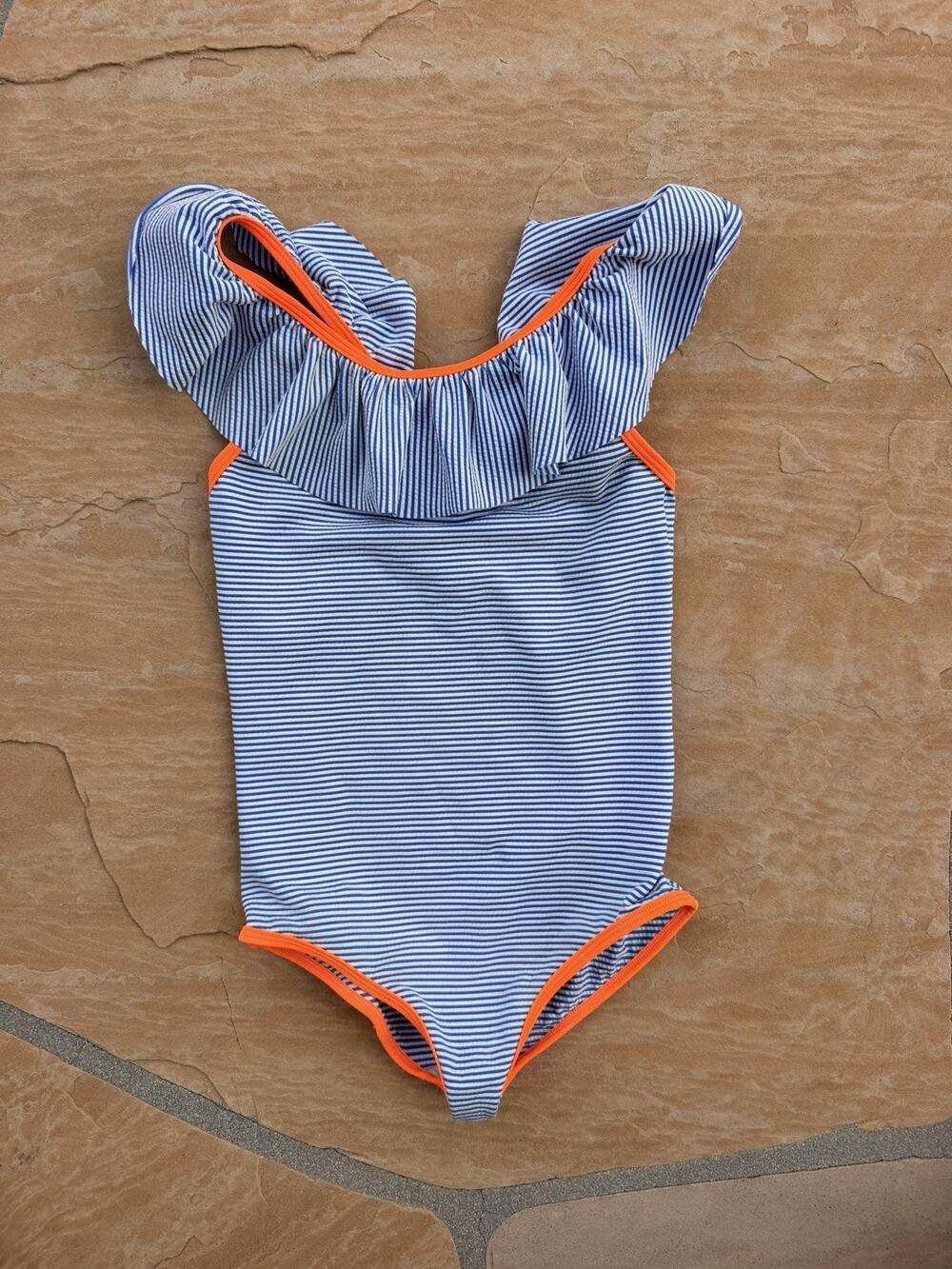 Mini Boden Ruffle Striped One Piece Swimsuit Girls 9-10Y Blue White Neon Trim